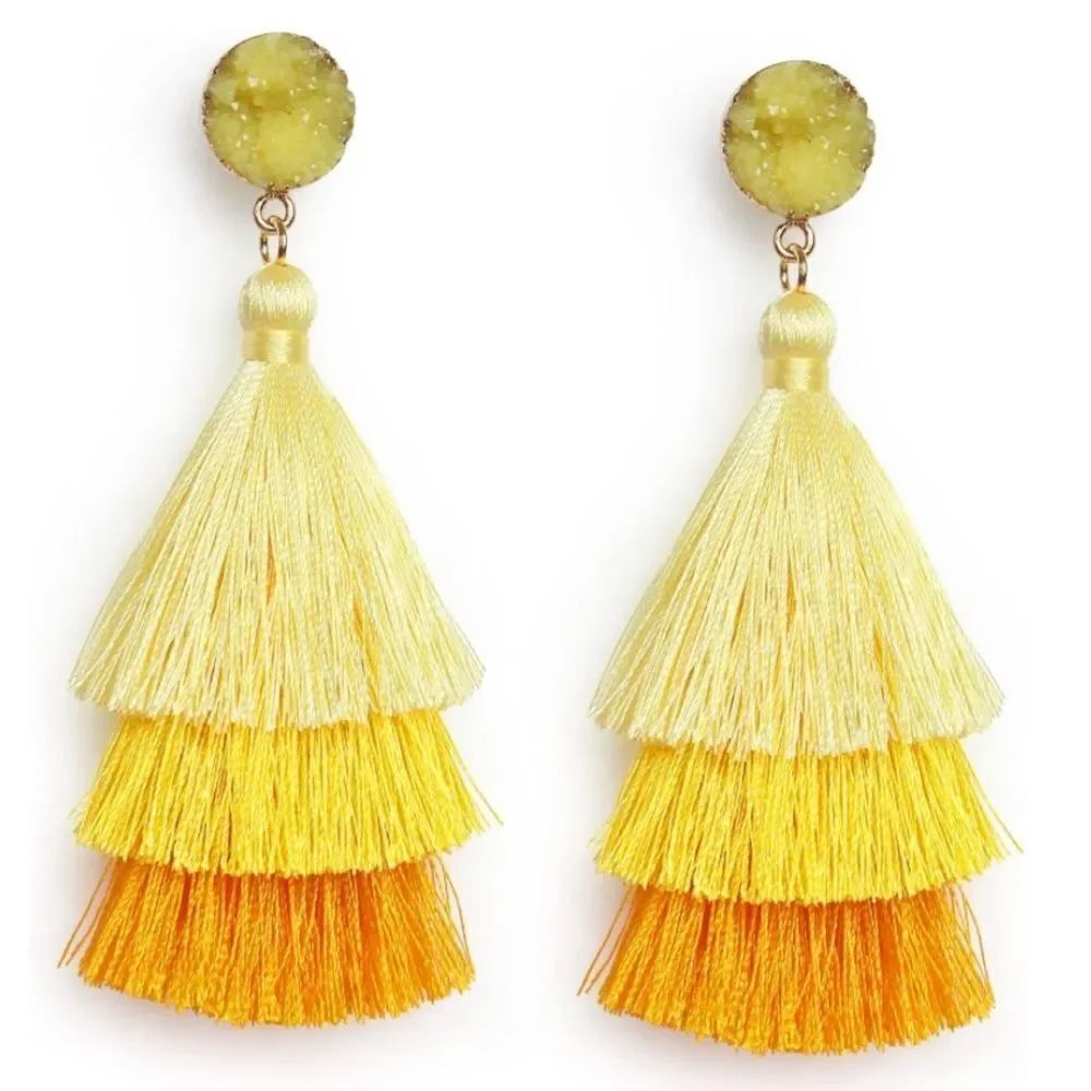 14K Yellow Gold with Yellow Ombre Silk Thread Tassel and Quartz Druzy Earrings
